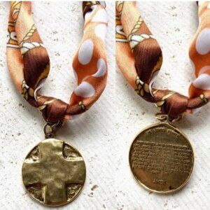 NEW Limited Edition Scarf Necklace Knotted Orange, brown and White with Cross